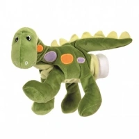 Mooie groene dinosaurus handpop voor stoere dinoverhalen in de poppenkast, te koop bij Het Speellab