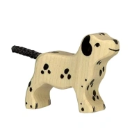 Kleine wit-zwart gevlekte houten dalmatiër pup van Holztiger, handgemaakt van ecologisch esdoornhout, online verkrijgbaar bij Het Speellab in Dwingeloo.
