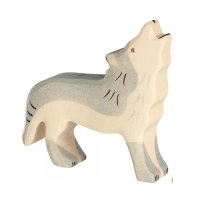 Grijze handgeschilderde huilende wolf van Holztiger gemaakt van Europees esdoornhout, ecologisch speelgoed te koop bij Het Speellab in Dwingeloo.