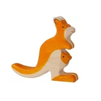 Holztiger Kangoeroe met kleintje van 15 cm als handgemaakte houten dierfiguur.