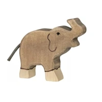 Holztiger Olifant met slurf omhoog van 12 cm als handgemaakte houten speelfiguur, verkrijgbaar bij Het Speellab