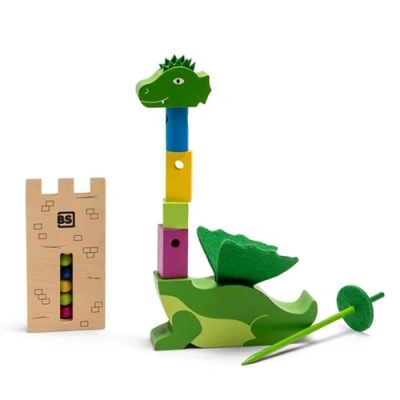 Kleurrijke houten blokken en ridderszwaarden van het BS Toys drakensteekspel voor kinderen vanaf 6 jaar