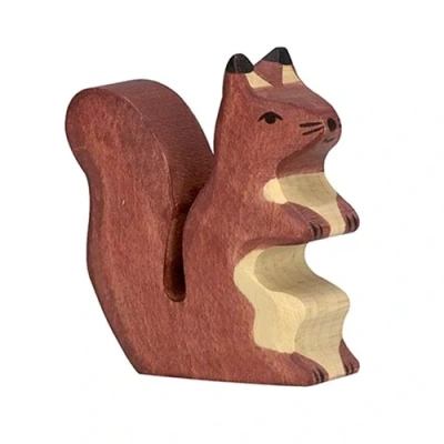 Donkerbruine houten eekhoorn van Holztiger met een opgewerkte pluimstaart, handgemaakt ecologisch speelgoed online te koop bij Het Speellab in Dwingeloo.
