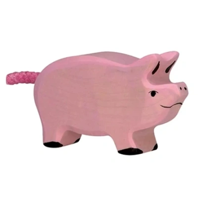 Roze handgemaakt houten varken van Holztiger met een schattig touwstaartje, ecologisch speelgoed online te koop bij Het Speellab in Dwingeloo.