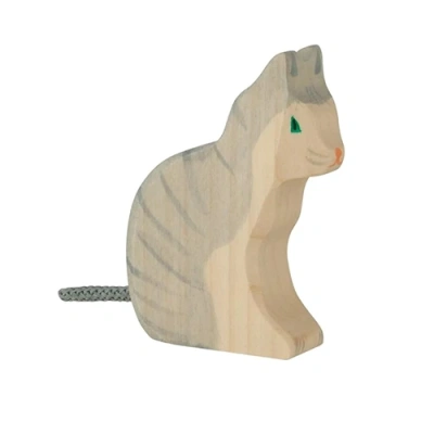 Grijze zittende houten kat van Holztiger, handgemaakt van ecologisch esdoornhout, te koop bij online speelgoedwinkel Het Speellab in Dwingeloo.