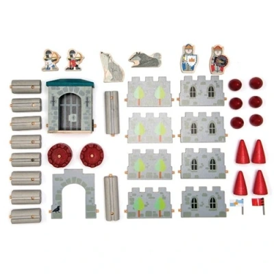 Houten ridders en katapult accessoires uit het Tender Leaf chateau de loup bij Het Speellab