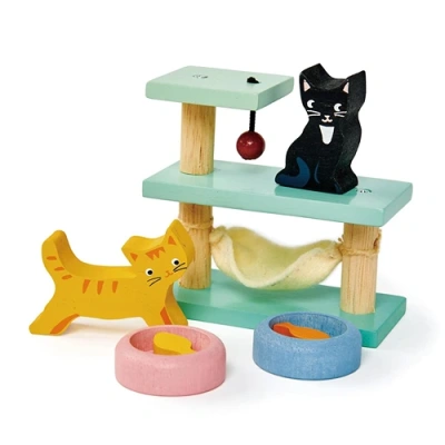 Tender Leaf Toys houten poppenhuis Huisdierenset Katten met krabpaal en voerbakjes bij online speelgoedwinkel Het Speellab