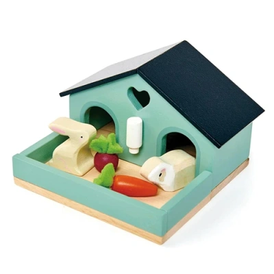 Houten konijnenhok met konijn en cavia voor open einde spel.