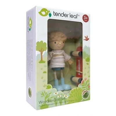 Houten tiener popje met stoffen kleding en rollend skateboard uit de Tender Leaf collectie  in doos bij Het Speellab