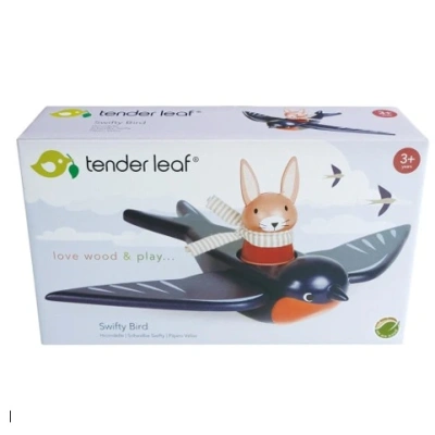  De prachtig geïllustreerde, duurzame kartonnen verpakking van de houten Swifty Bird set